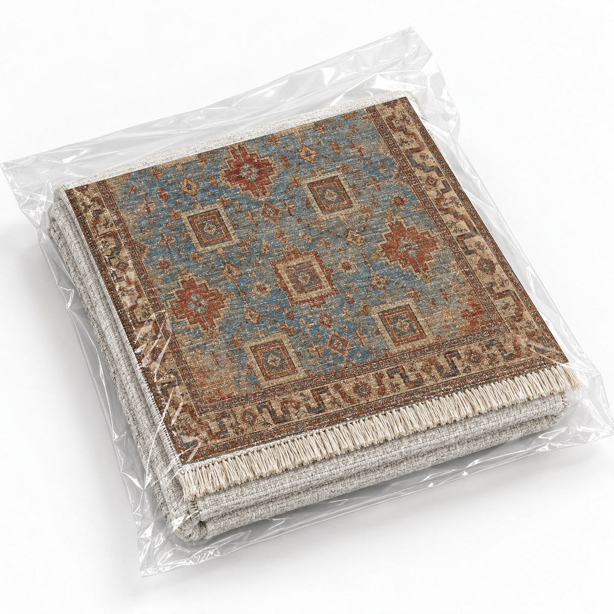 Stepped Cross Grey & Brown washable rug rolled and packaged