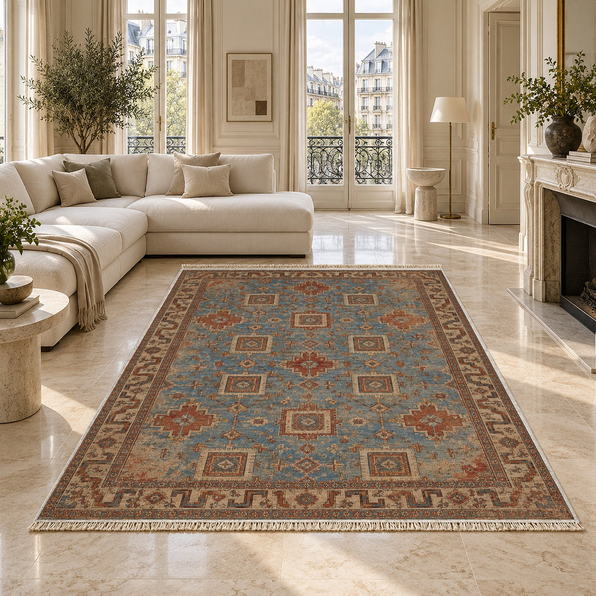 Stepped Cross Grey & Brown washable rug on a marble floor