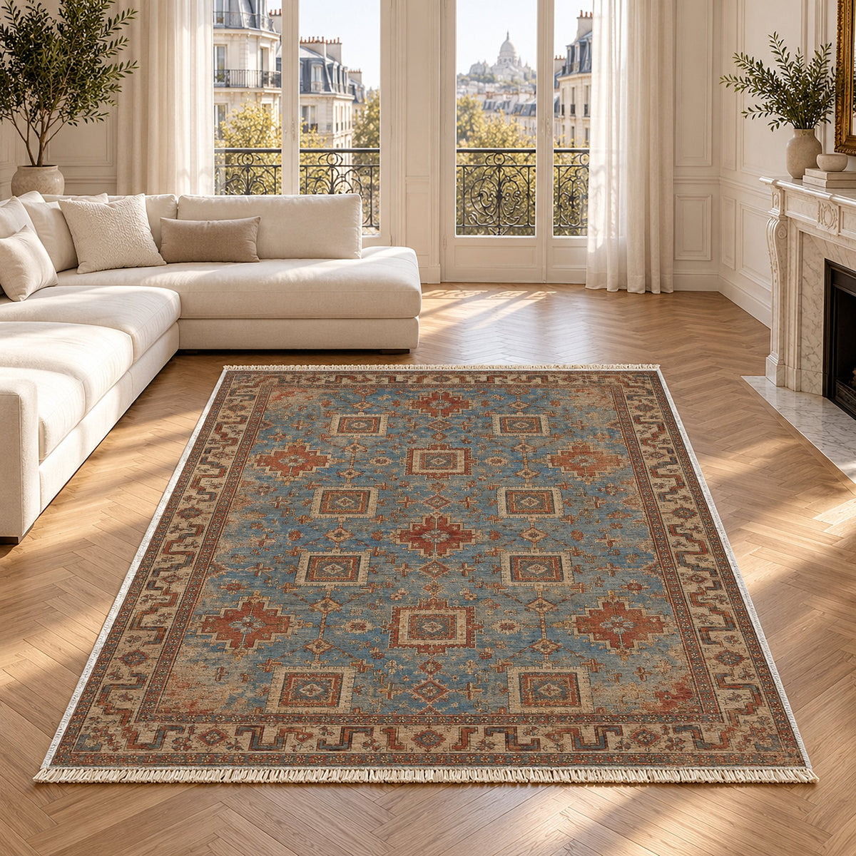 Stepped Cross Grey & Brown washable rug in a Paris living room