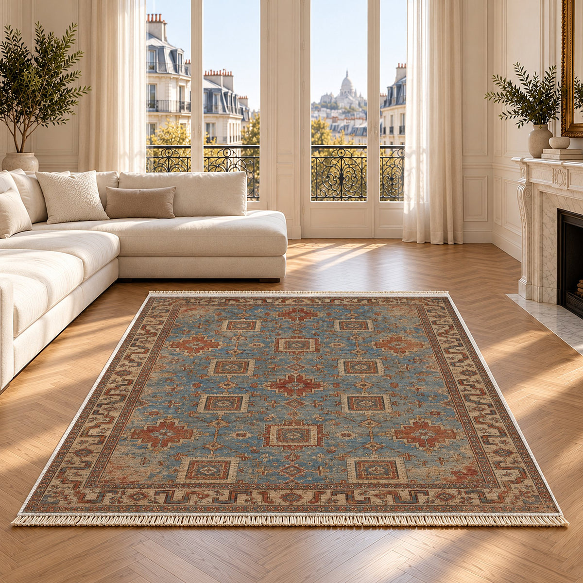 Stepped Cross Grey & Brown washable rug on an oak floor