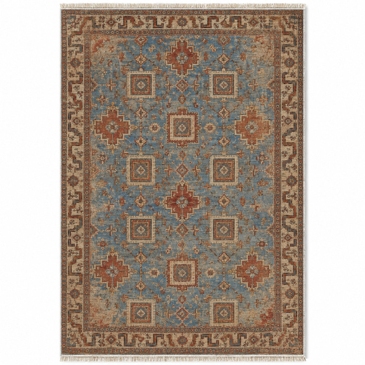 Stepped Cross Grey & Brown washable rug top view