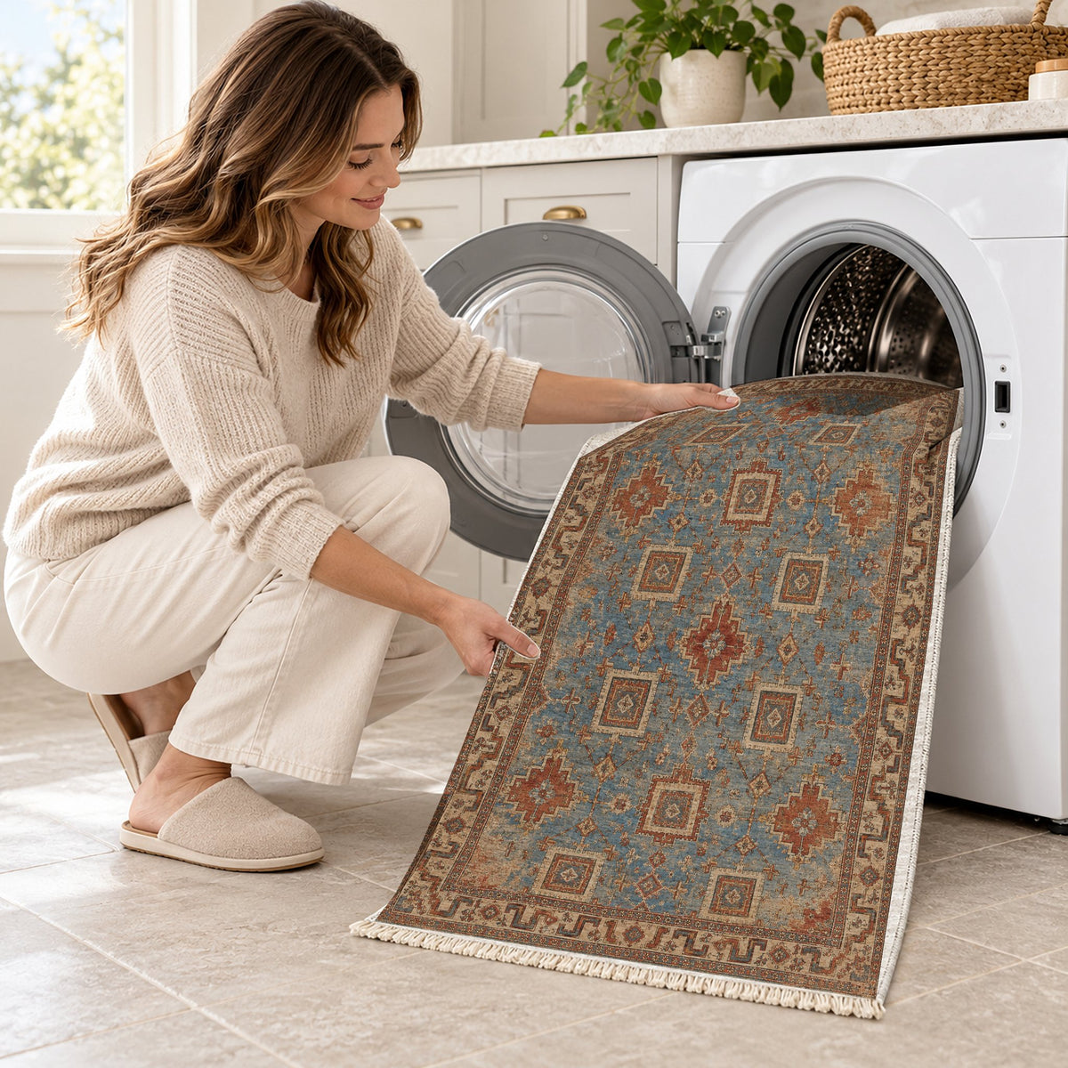 Stepped Cross Grey & Brown washable rug being loaded into a washing machine