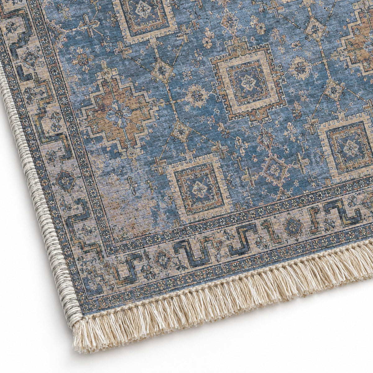 Stepped Cross Mineral Blue washable rug close-up of the printed chenille