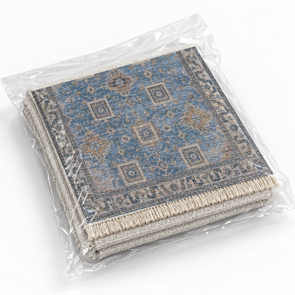 Stepped Cross Mineral Blue washable rug rolled and packaged