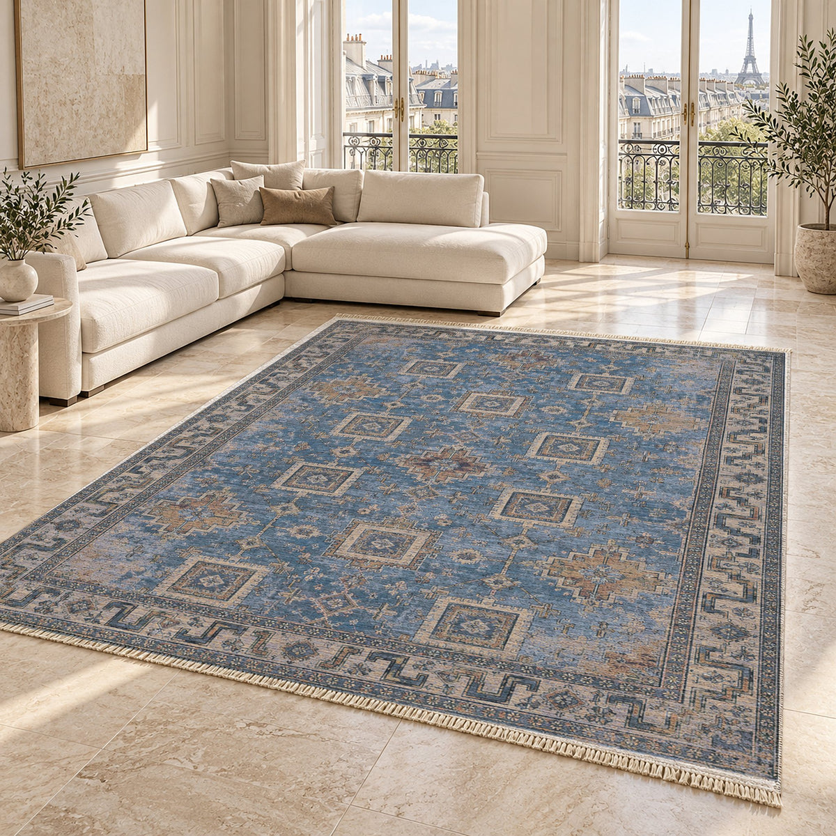 Stepped Cross Mineral Blue washable rug angled room view on marble