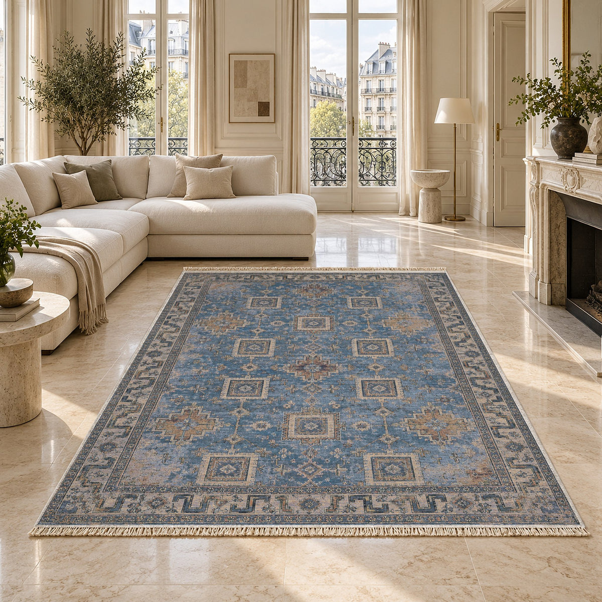 Stepped Cross Mineral Blue washable rug on a marble floor