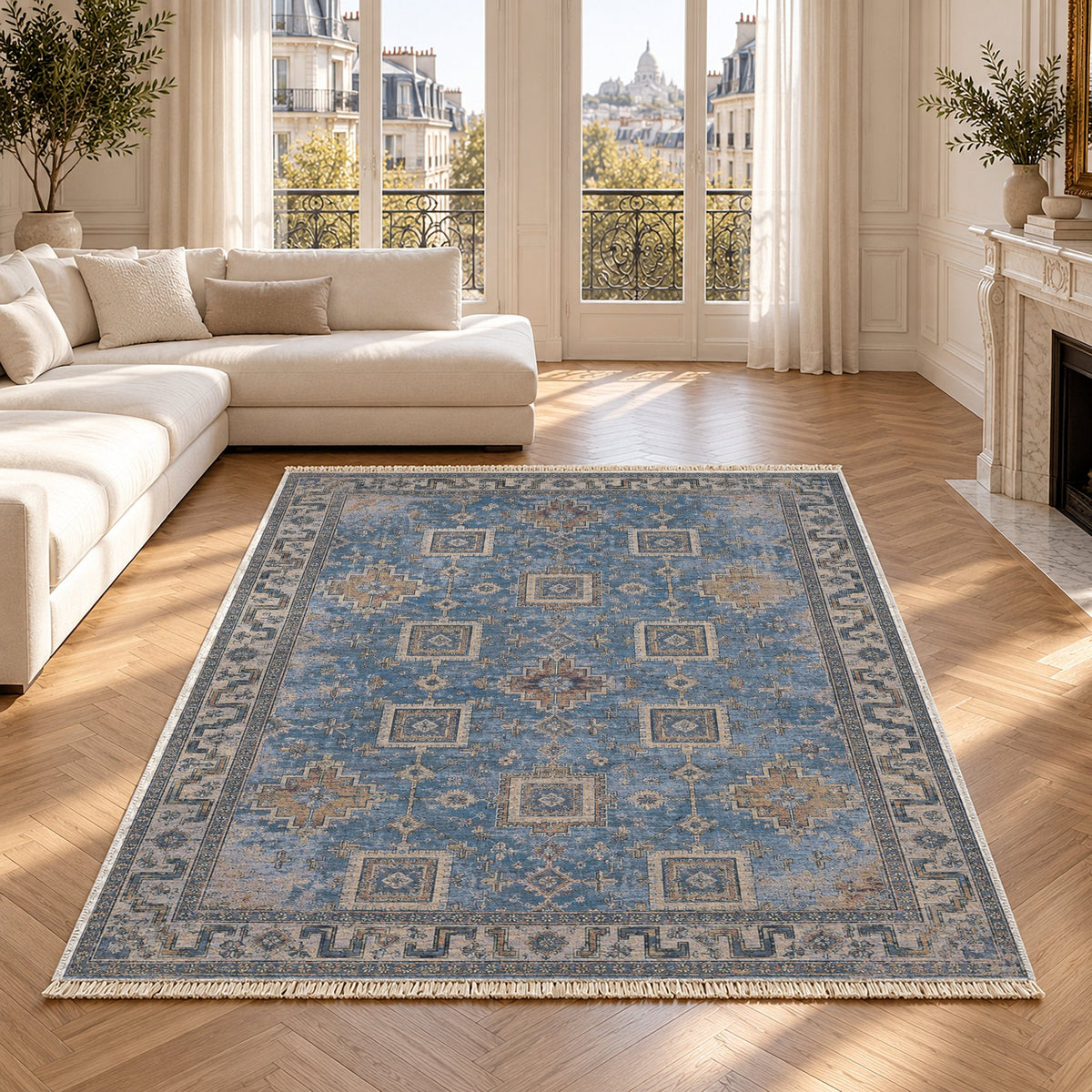 Stepped Cross Mineral Blue washable rug in a Paris living room