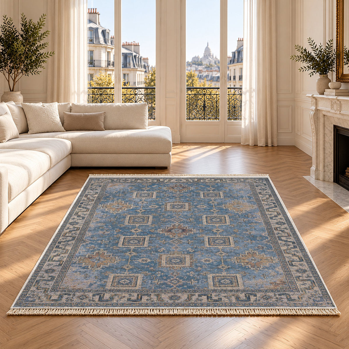 Stepped Cross Mineral Blue washable rug on an oak floor