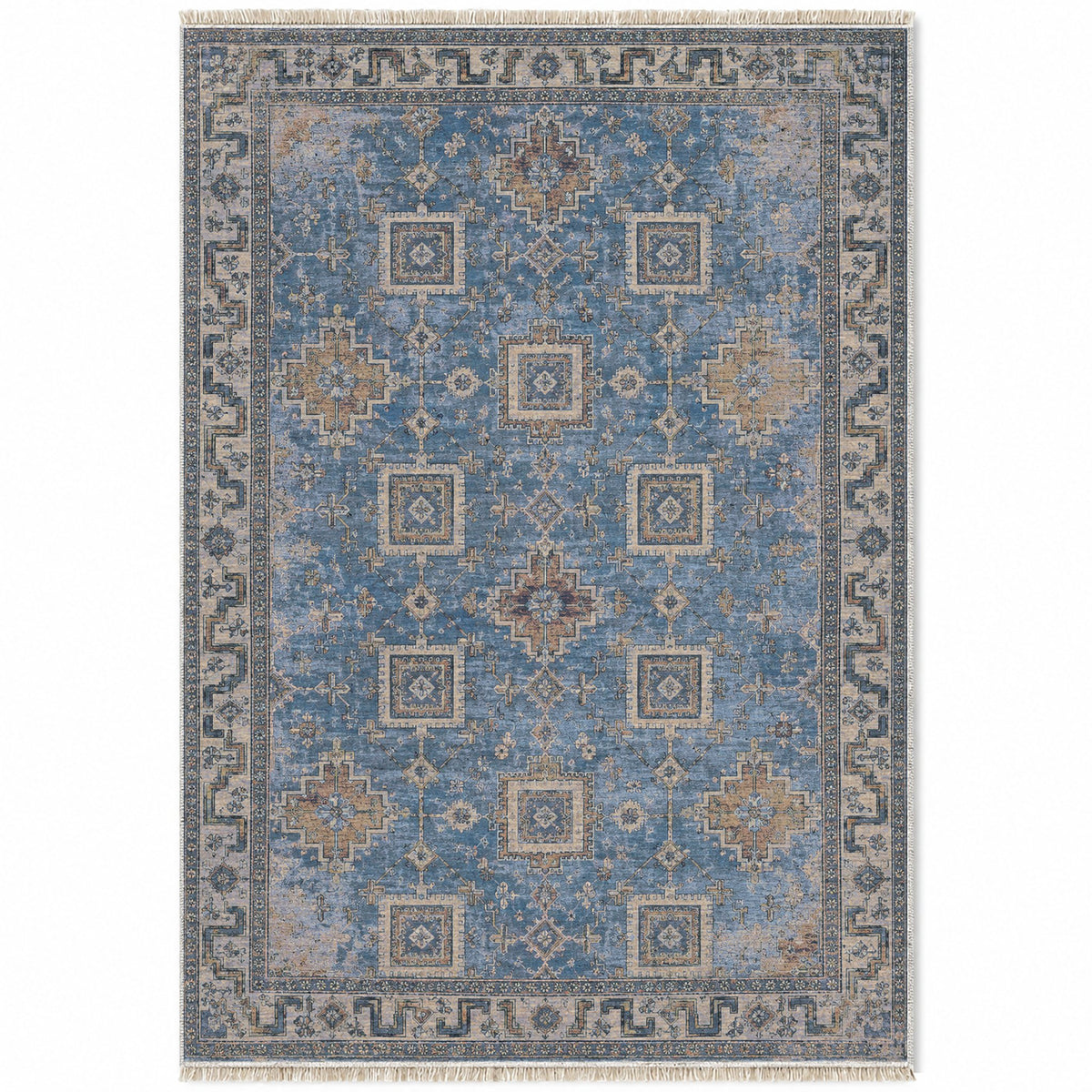 Stepped Cross Mineral Blue washable rug top view