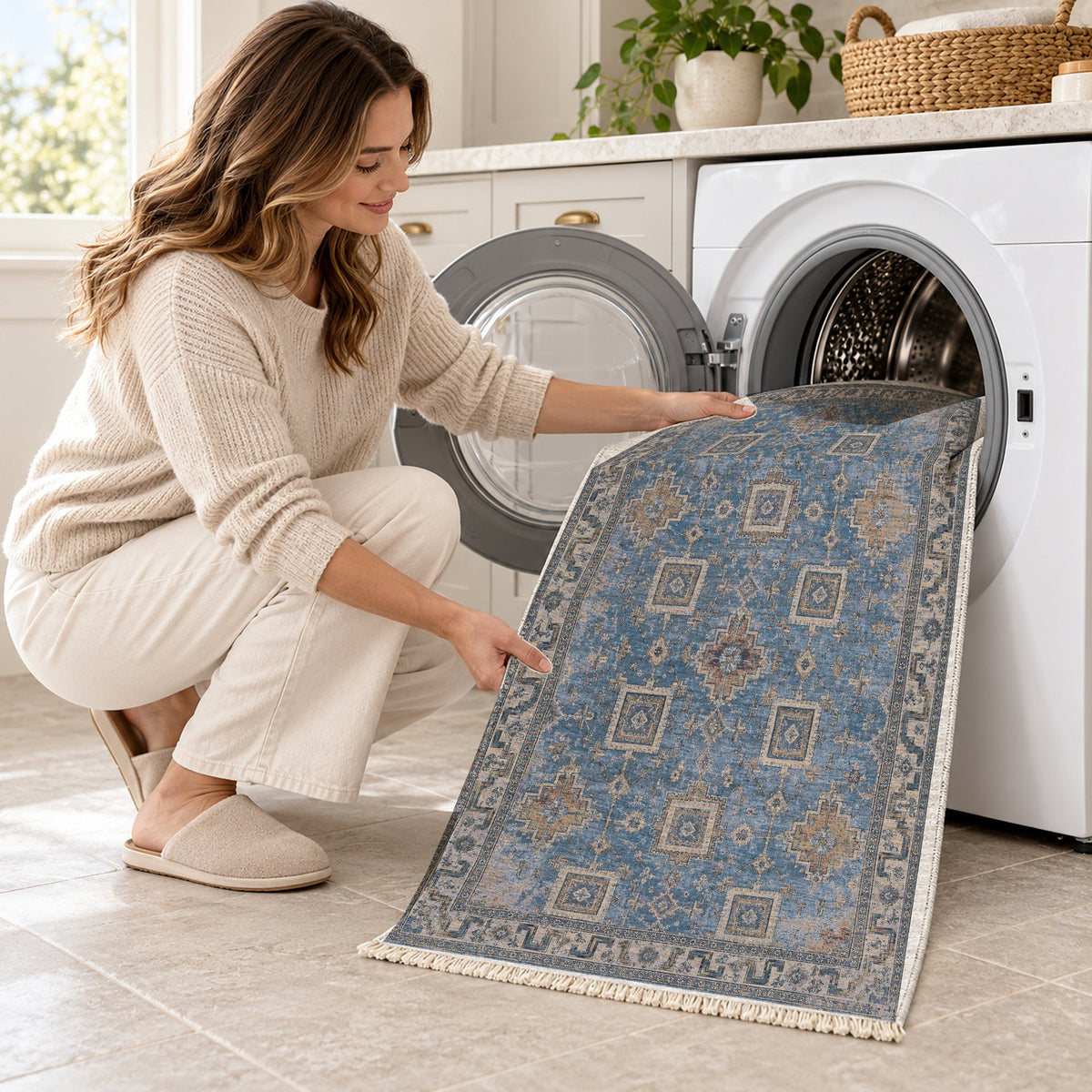 Stepped Cross Mineral Blue washable rug being loaded into a washing machine