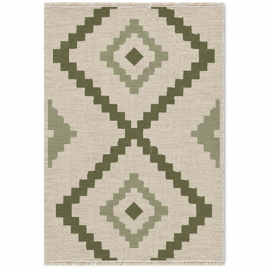 Stepped Diamond Ivory & Olive Berber Washable Rug