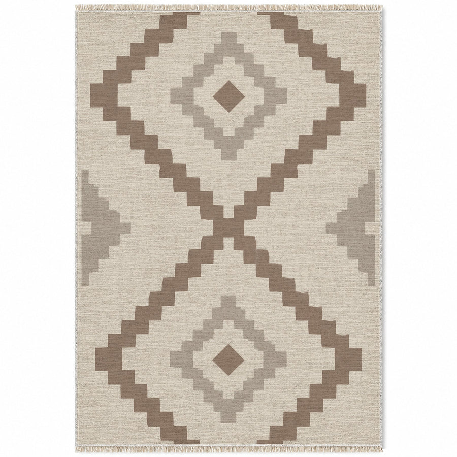 Stepped Diamond Ivory & Taupe Berber Washable Rug