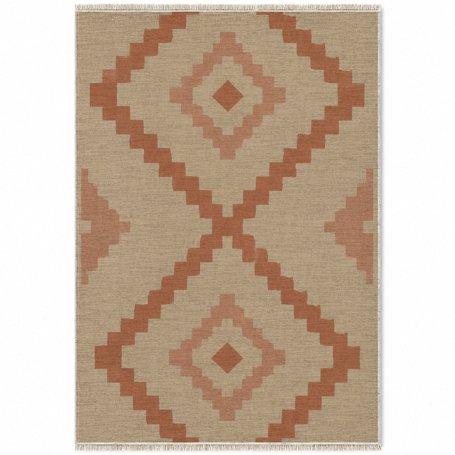 Stepped Diamond Sand & Terracotta Berber Washable Rug