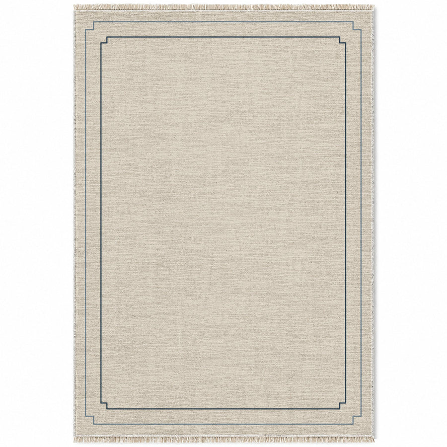 Stepped Frame Ivory & Dusty Blue Bordered Washable Rug