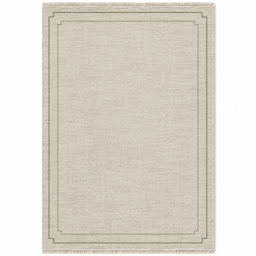 Stepped Frame Ivory & Olive Bordered Washable Rug