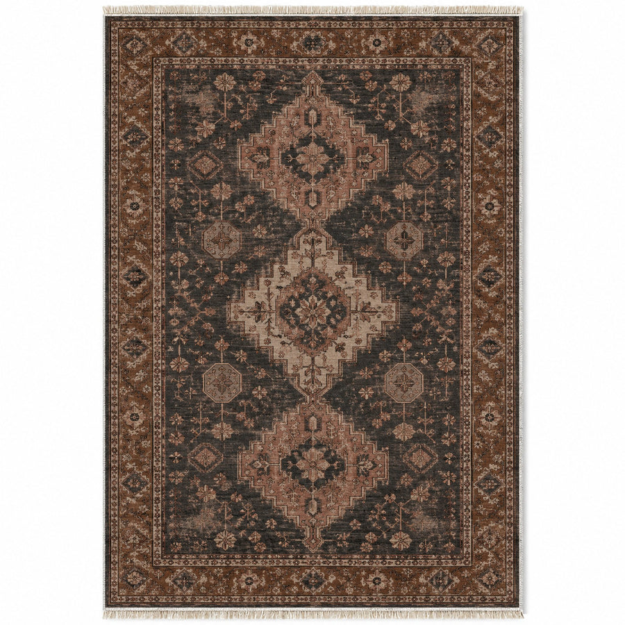 Stepped Medallion Brown & Black Afghan Washable Rug