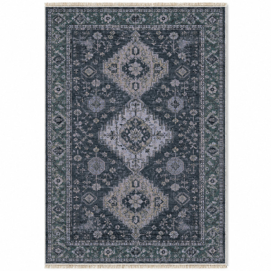 Stepped Medallion Mineral Blue Afghan Washable Rug
