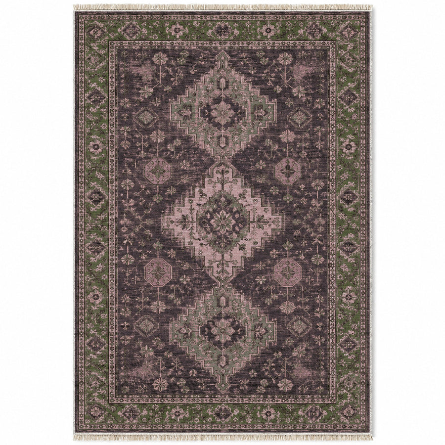 Stepped Medallion Rose & Olive Afghan Washable Rug