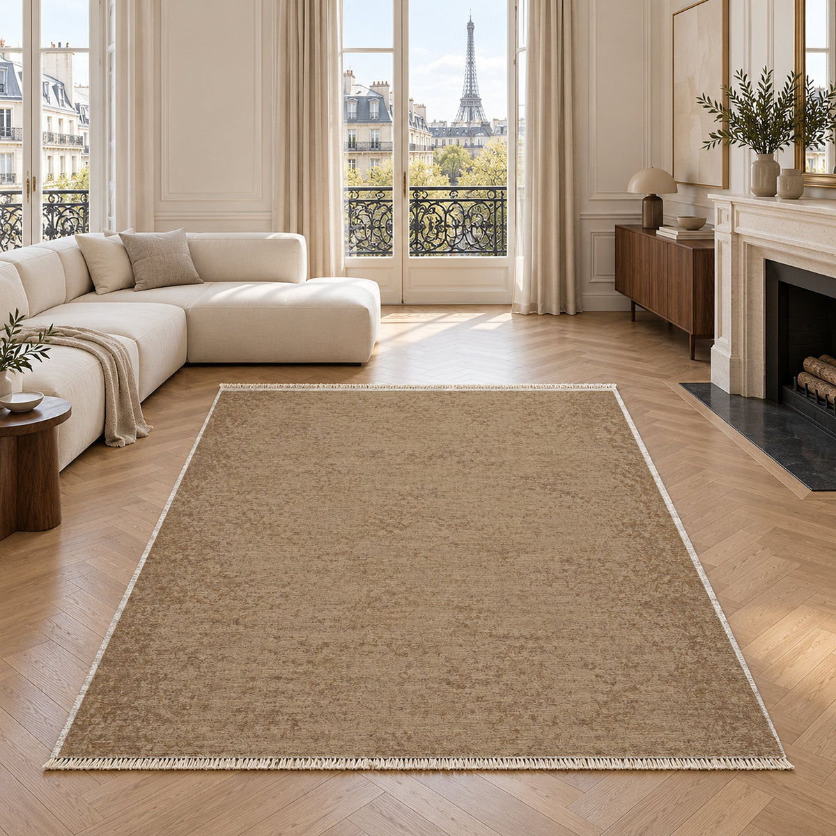 Stone Grain Sand & Taupe washable rug in a living room with an Eiffel Tower view