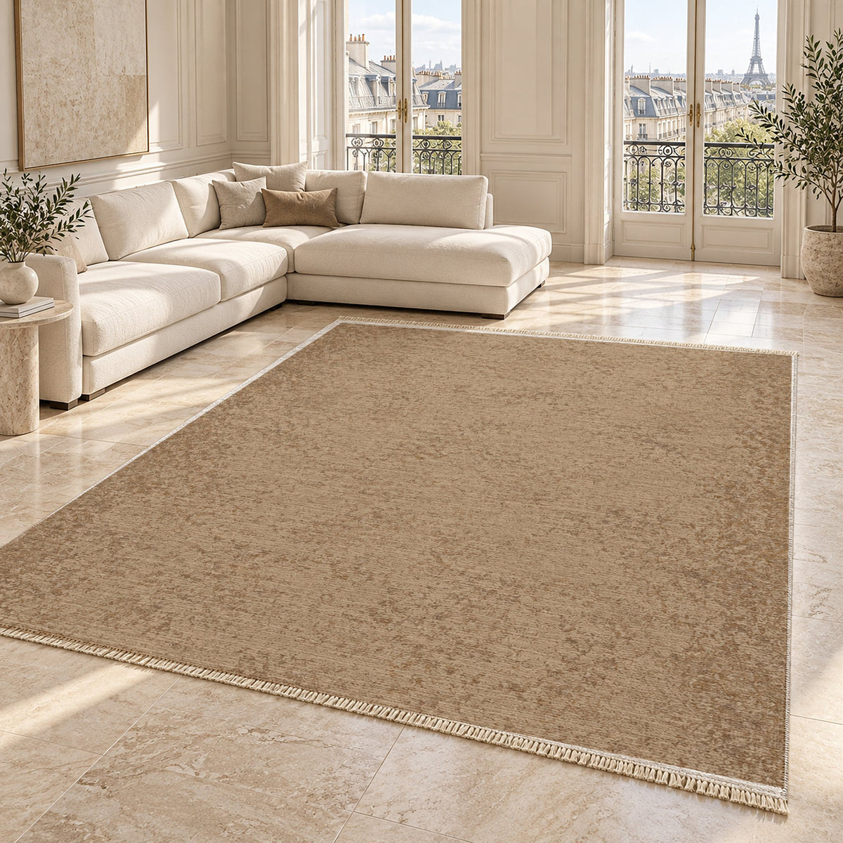 Stone Grain Sand & Taupe washable rug angled room view on marble