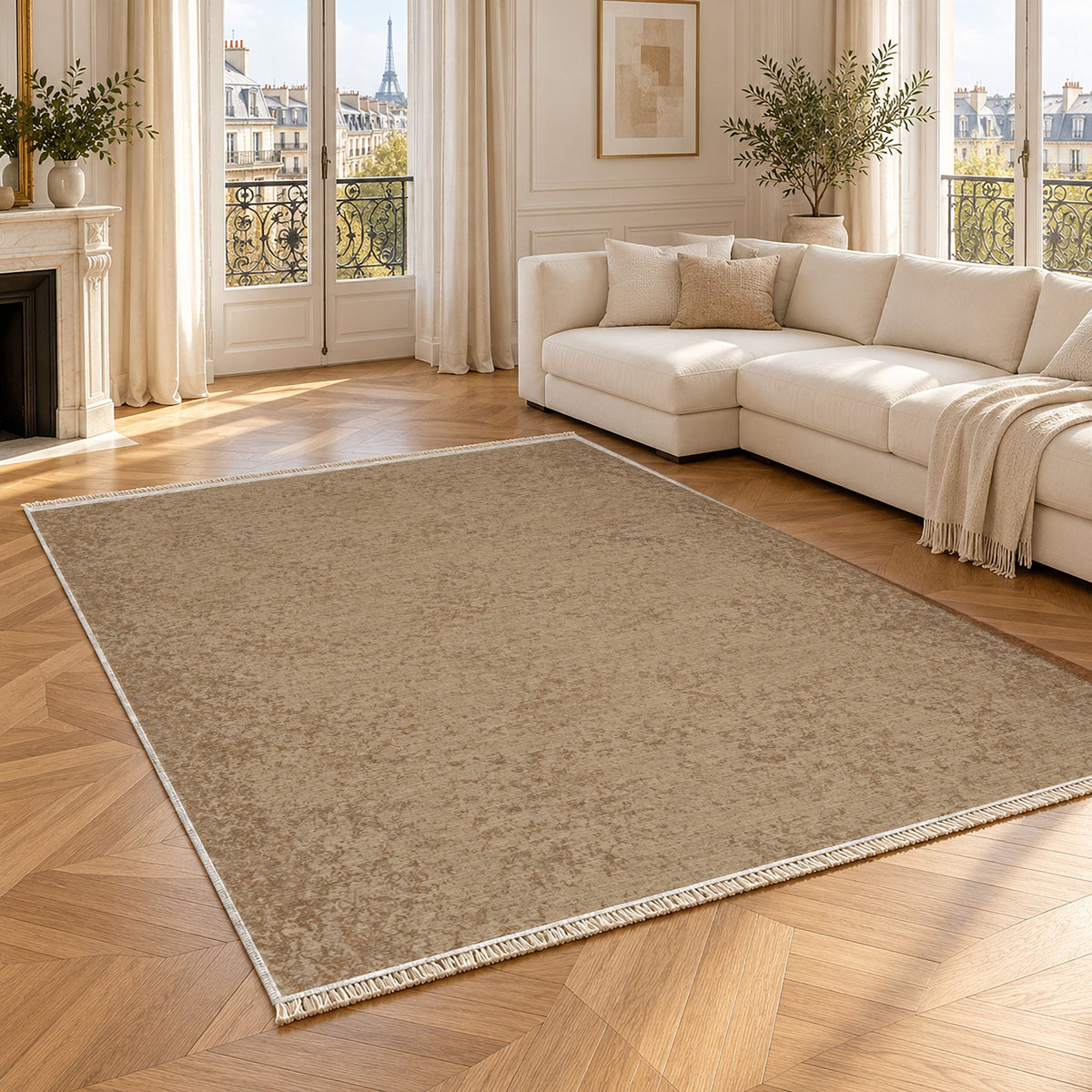 Stone Grain Sand & Taupe washable rug angled room view