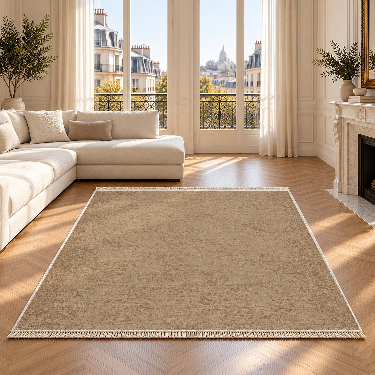 Stone Grain Sand & Taupe washable rug on an oak floor