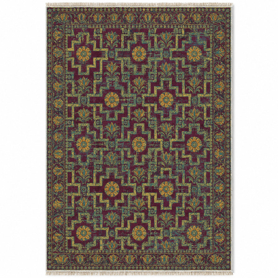 Stone Ribbon Burgundy & Teal Persian Washable Rug