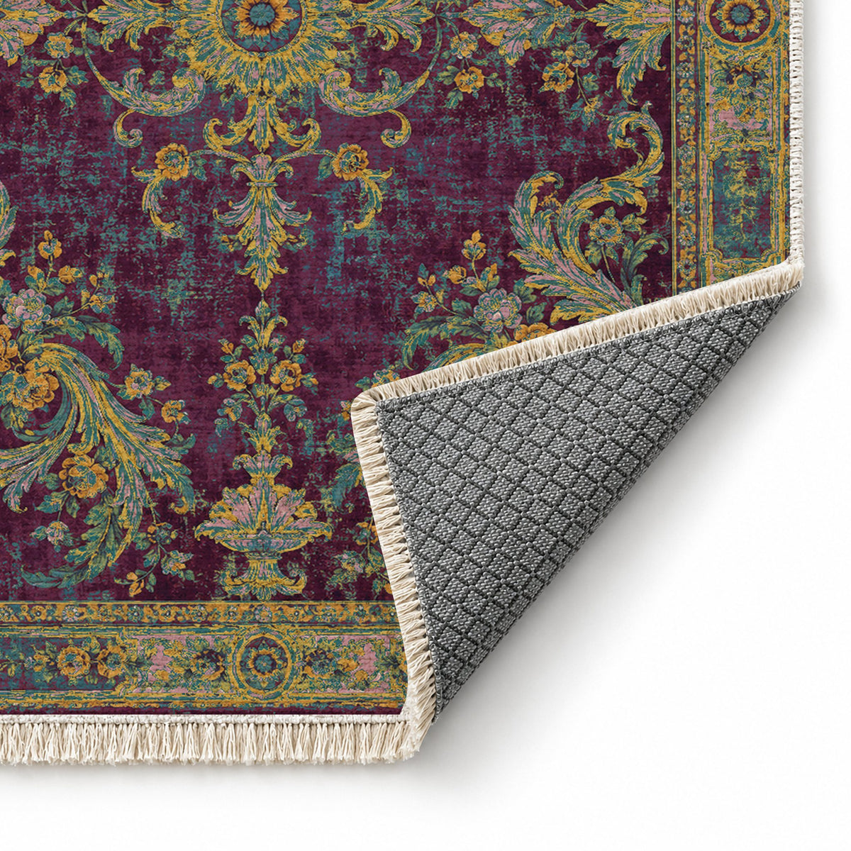 Sun Court Burgundy & Teal washable rug folded corner showing the backing