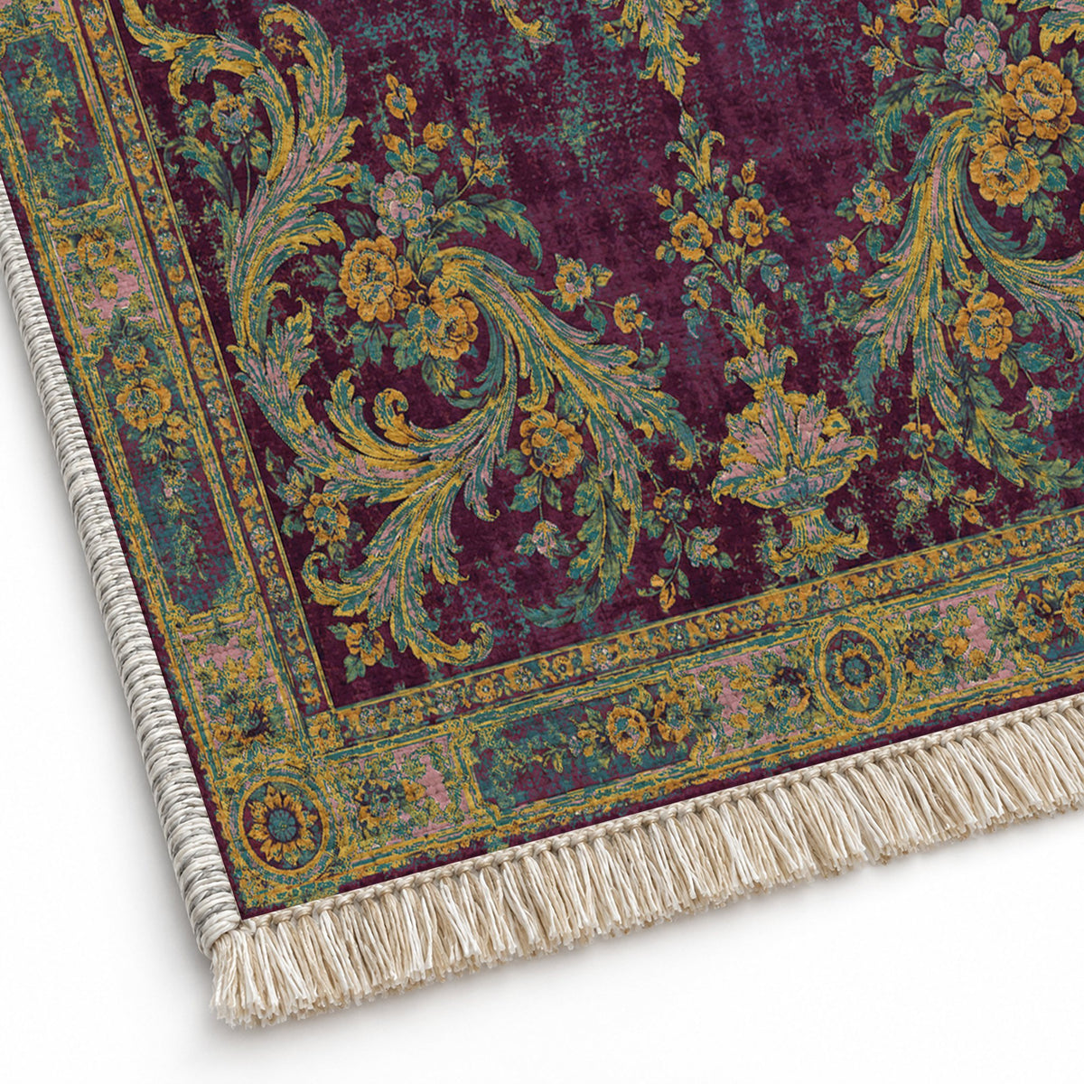 Sun Court Burgundy & Teal washable rug close-up of the printed chenille