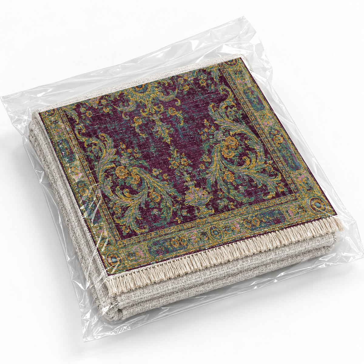 Sun Court Burgundy & Teal washable rug rolled and packaged