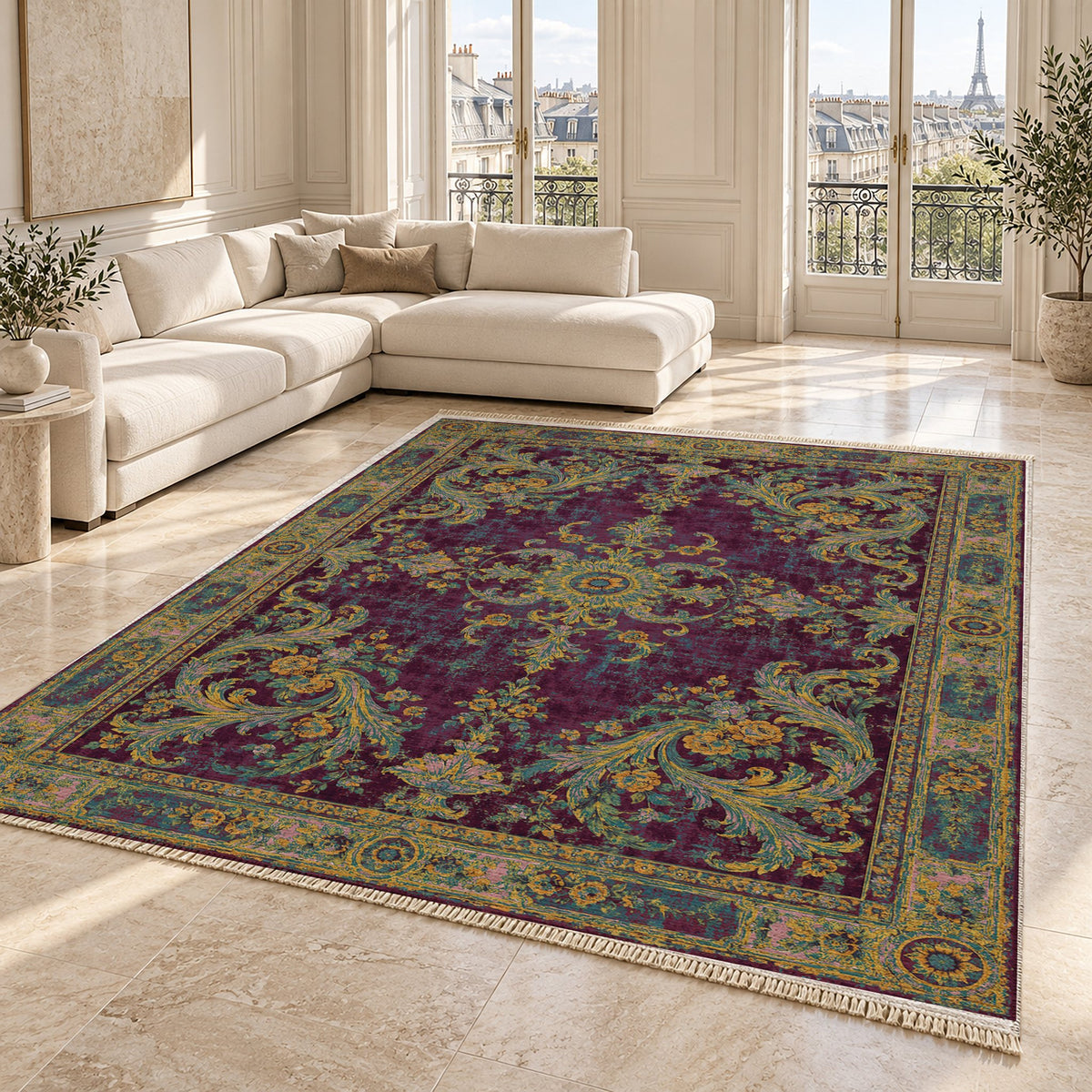Sun Court Burgundy & Teal washable rug angled room view on marble