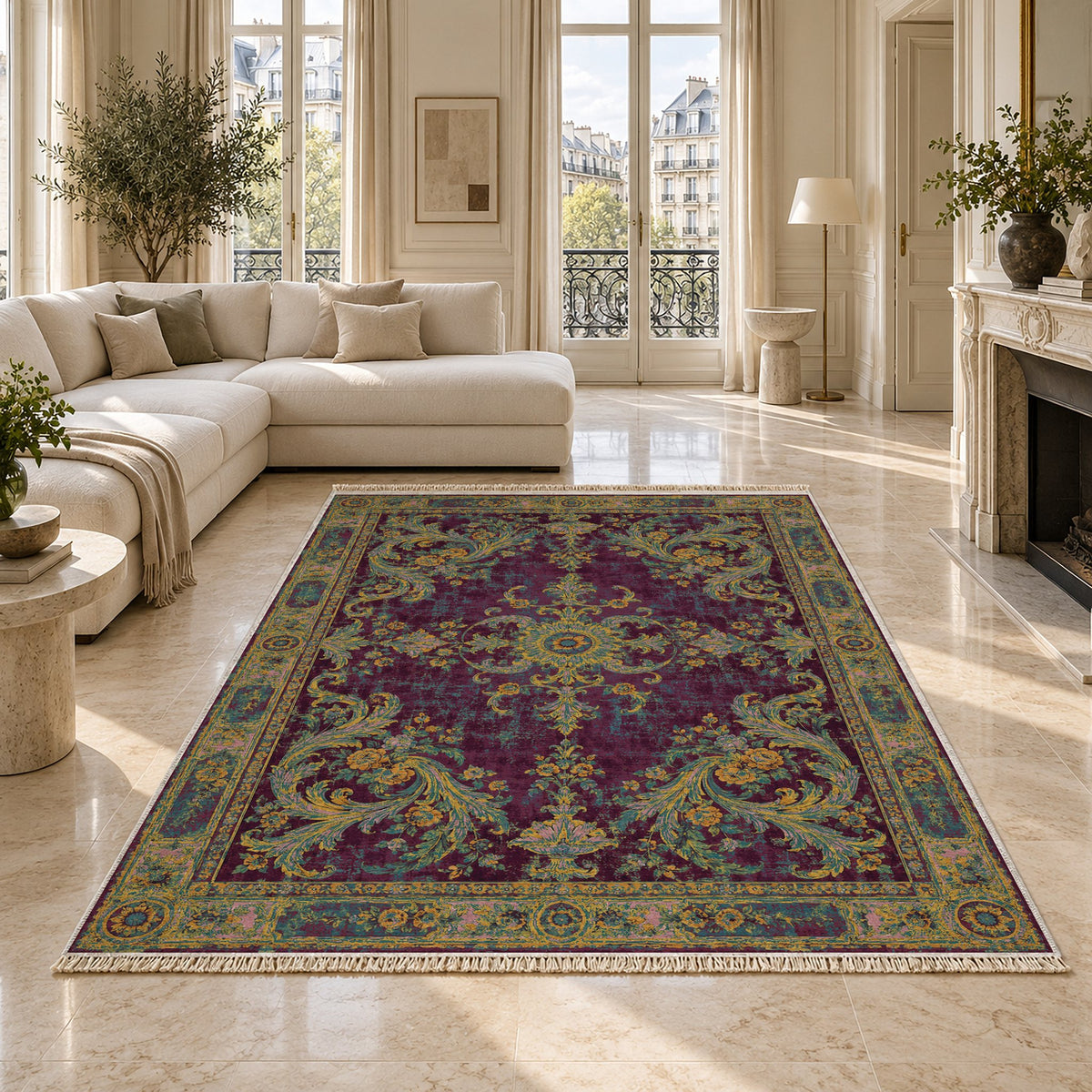 Sun Court Burgundy & Teal washable rug on a marble floor