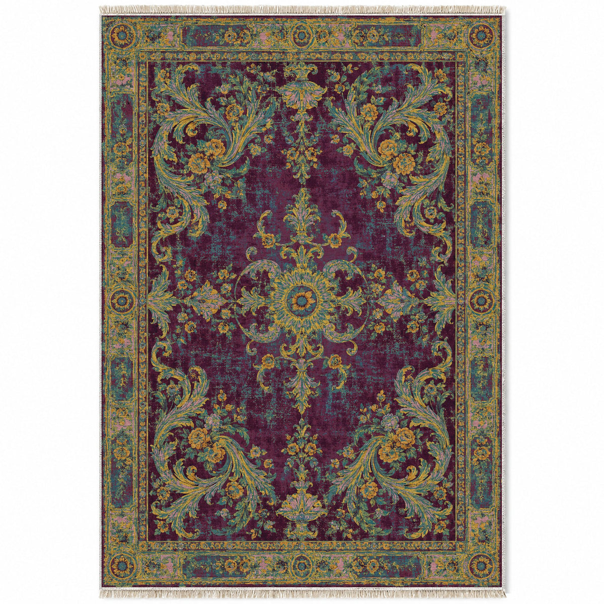 Sun Court Burgundy & Teal washable rug top view