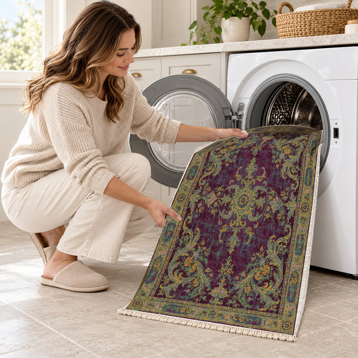 Sun Court Burgundy & Teal washable rug being loaded into a washing machine