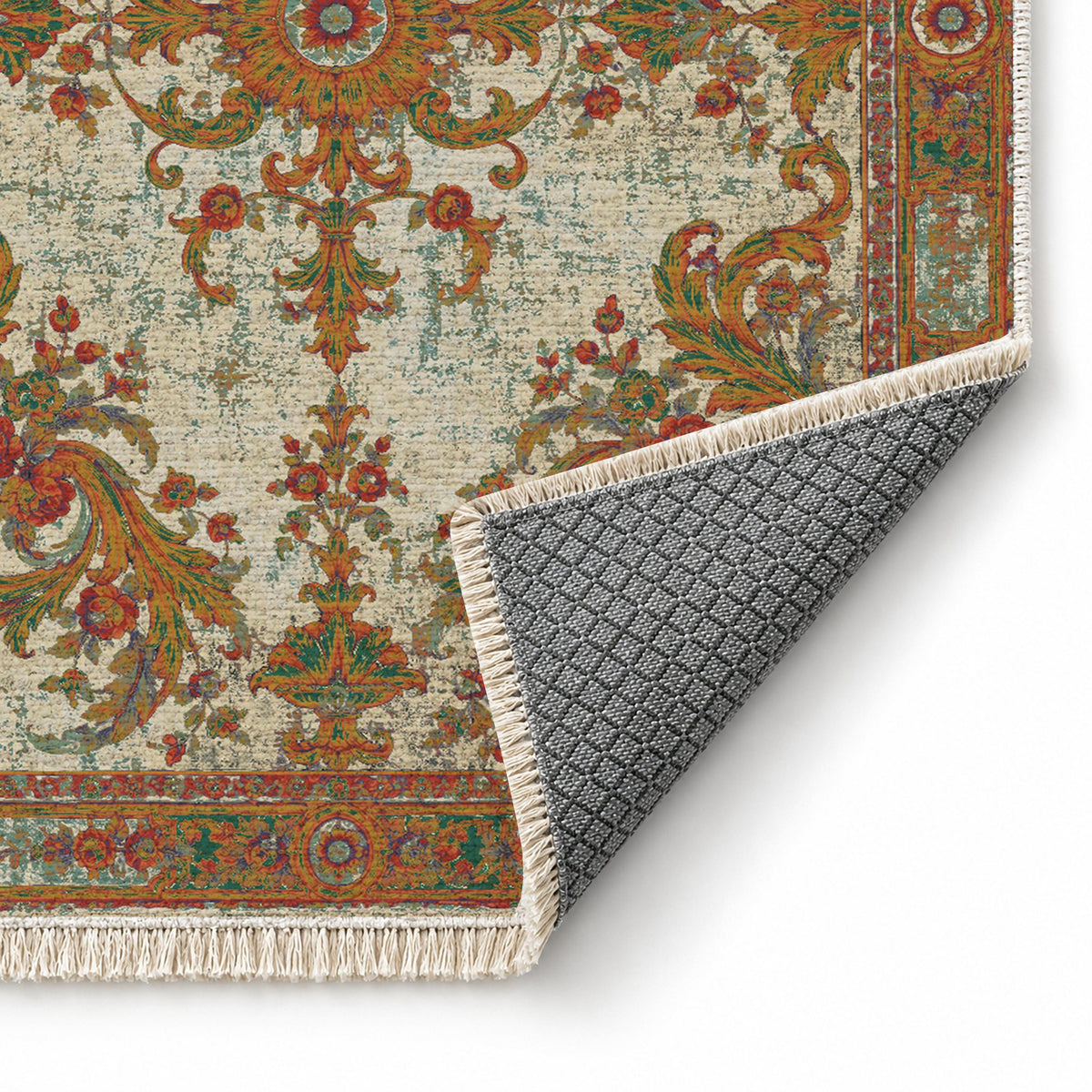 Sun Court Emerald & Terracotta washable rug folded corner showing the backing