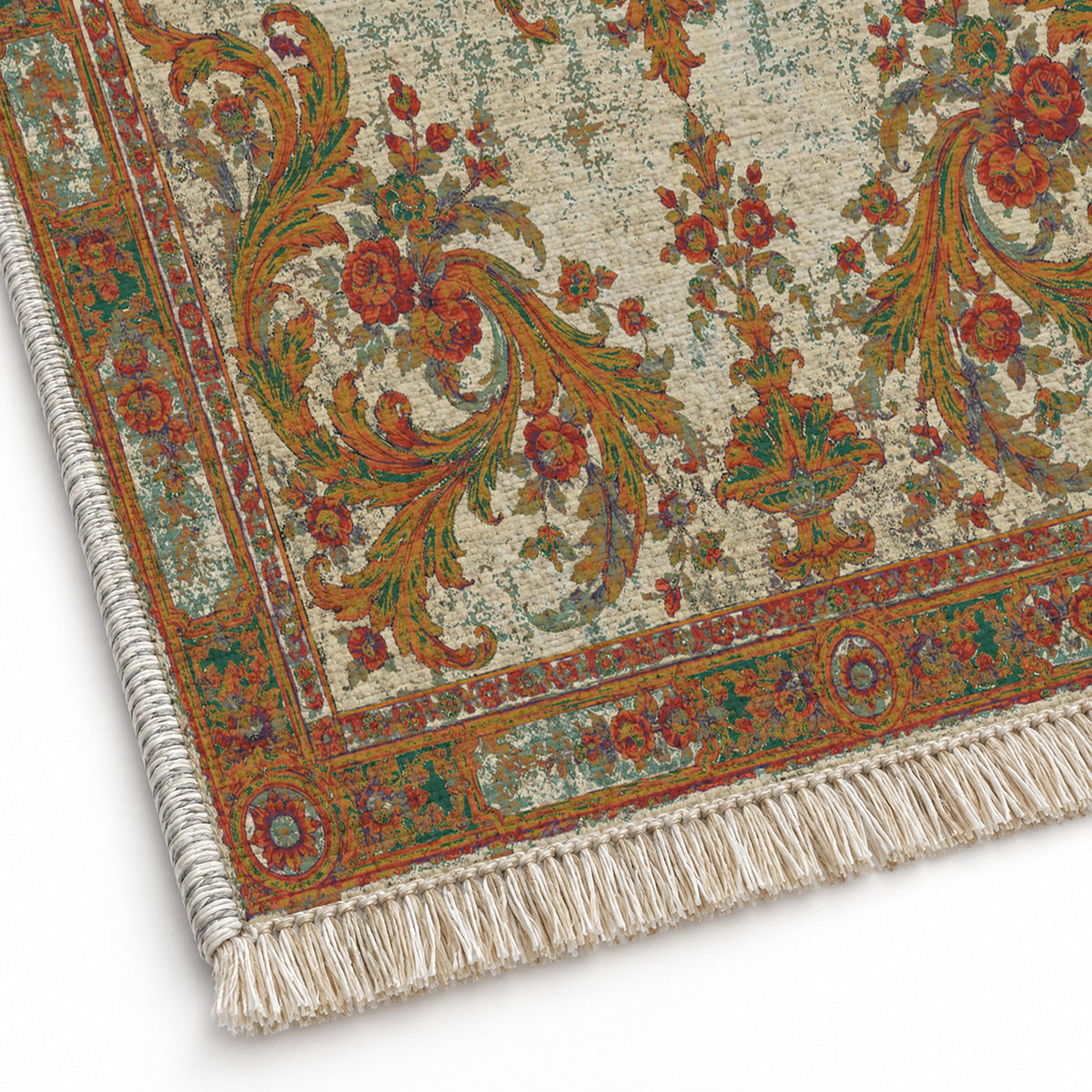 Sun Court Emerald & Terracotta washable rug close-up of the printed chenille
