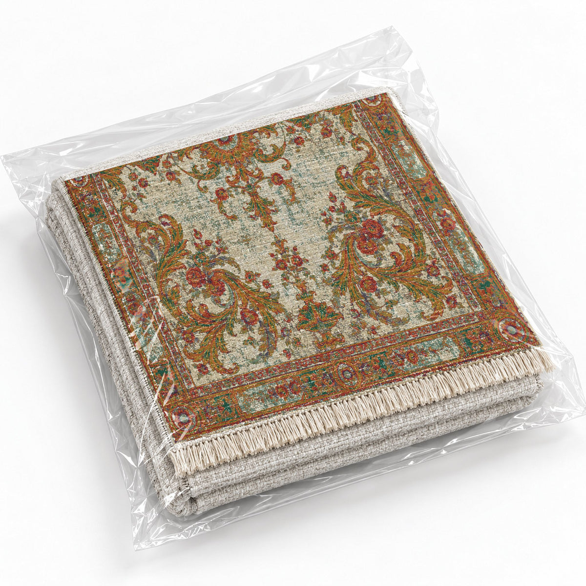 Sun Court Emerald & Terracotta washable rug rolled and packaged