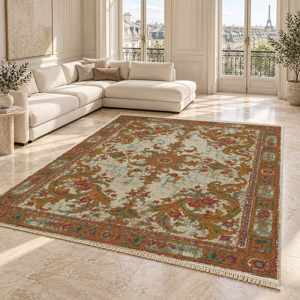 Sun Court Emerald & Terracotta washable rug angled room view on marble