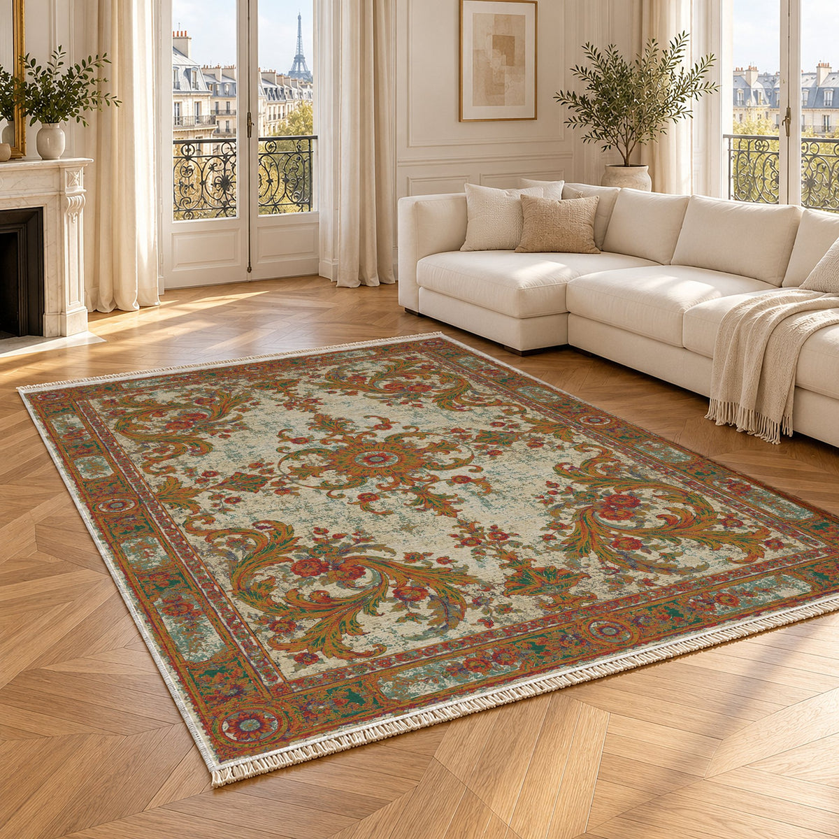 Sun Court Emerald & Terracotta washable rug angled room view