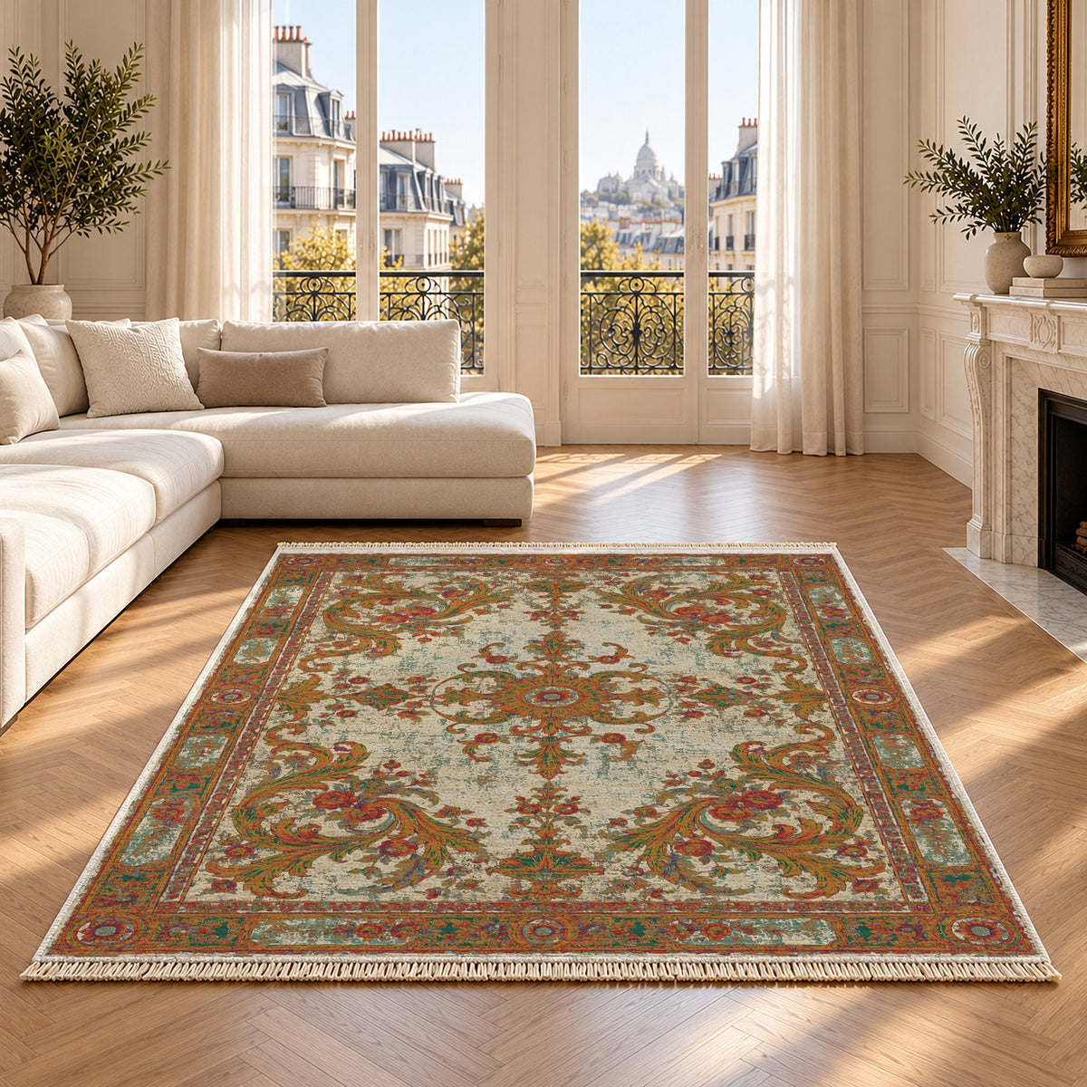 Sun Court Emerald & Terracotta washable rug on an oak floor