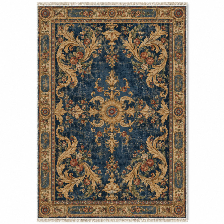 Sun Court Indigo & Rust French Aubusson Washable Rug