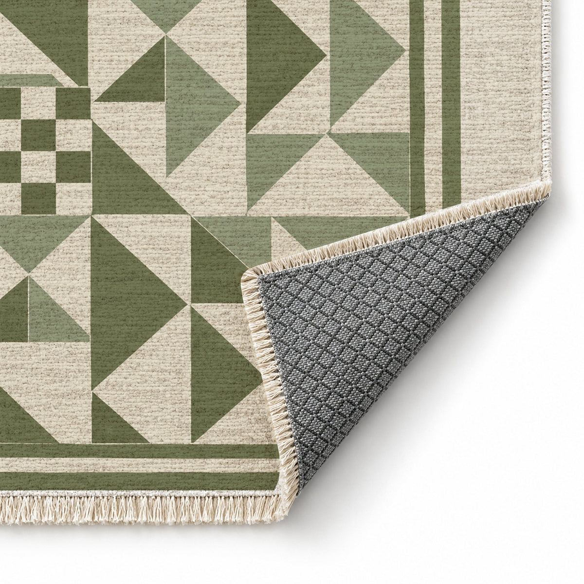 Sunwashed Mosaic Ivory & Olive washable rug folded corner showing the backing