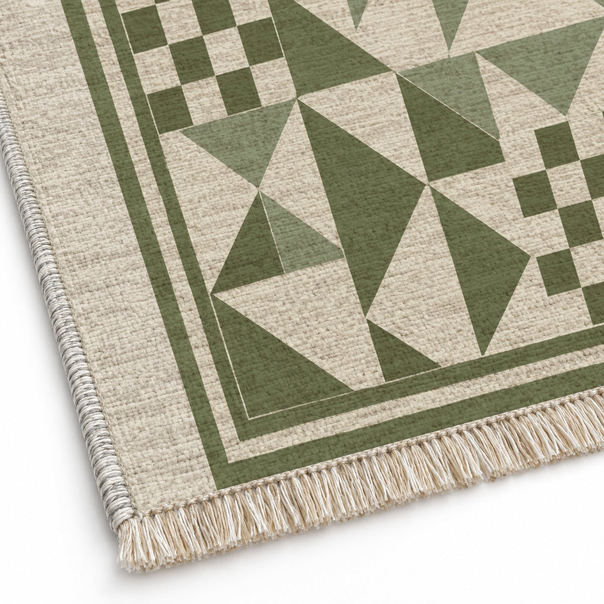 Sunwashed Mosaic Ivory & Olive washable rug close-up of the printed chenille