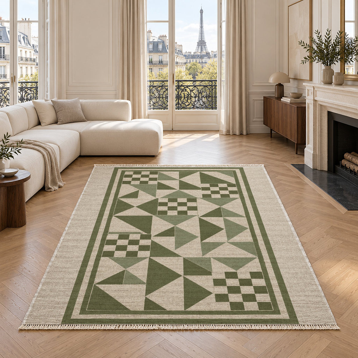 Sunwashed Mosaic Ivory & Olive washable rug in a living room with an Eiffel Tower view