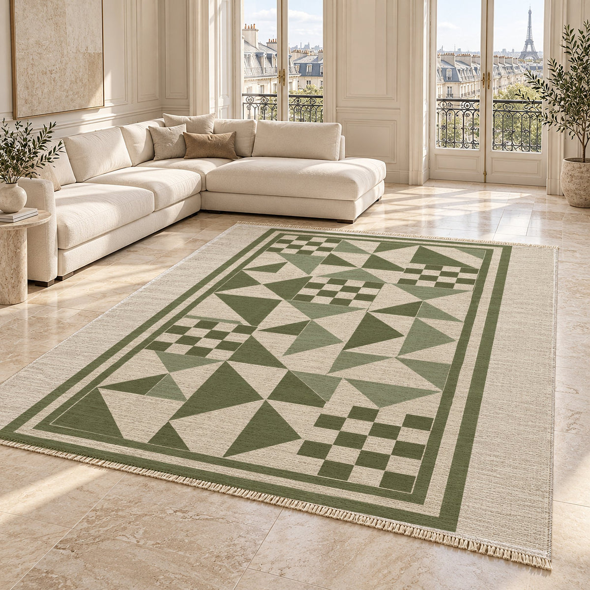 Sunwashed Mosaic Ivory & Olive washable rug angled room view on marble