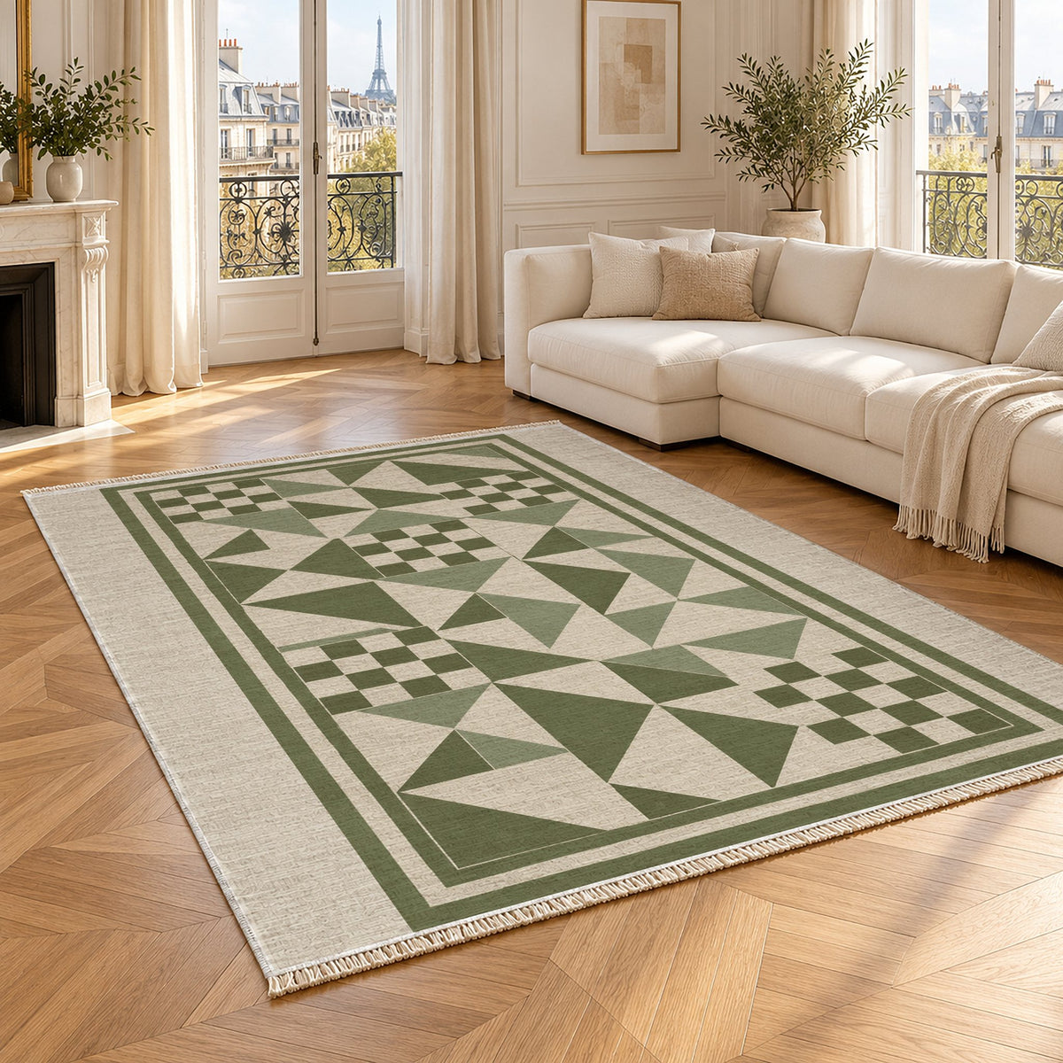 Sunwashed Mosaic Ivory & Olive washable rug angled room view