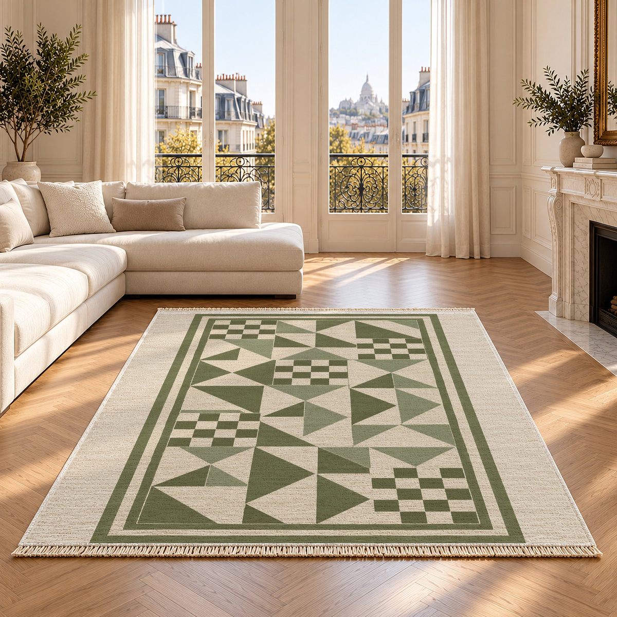 Sunwashed Mosaic Ivory & Olive washable rug on an oak floor