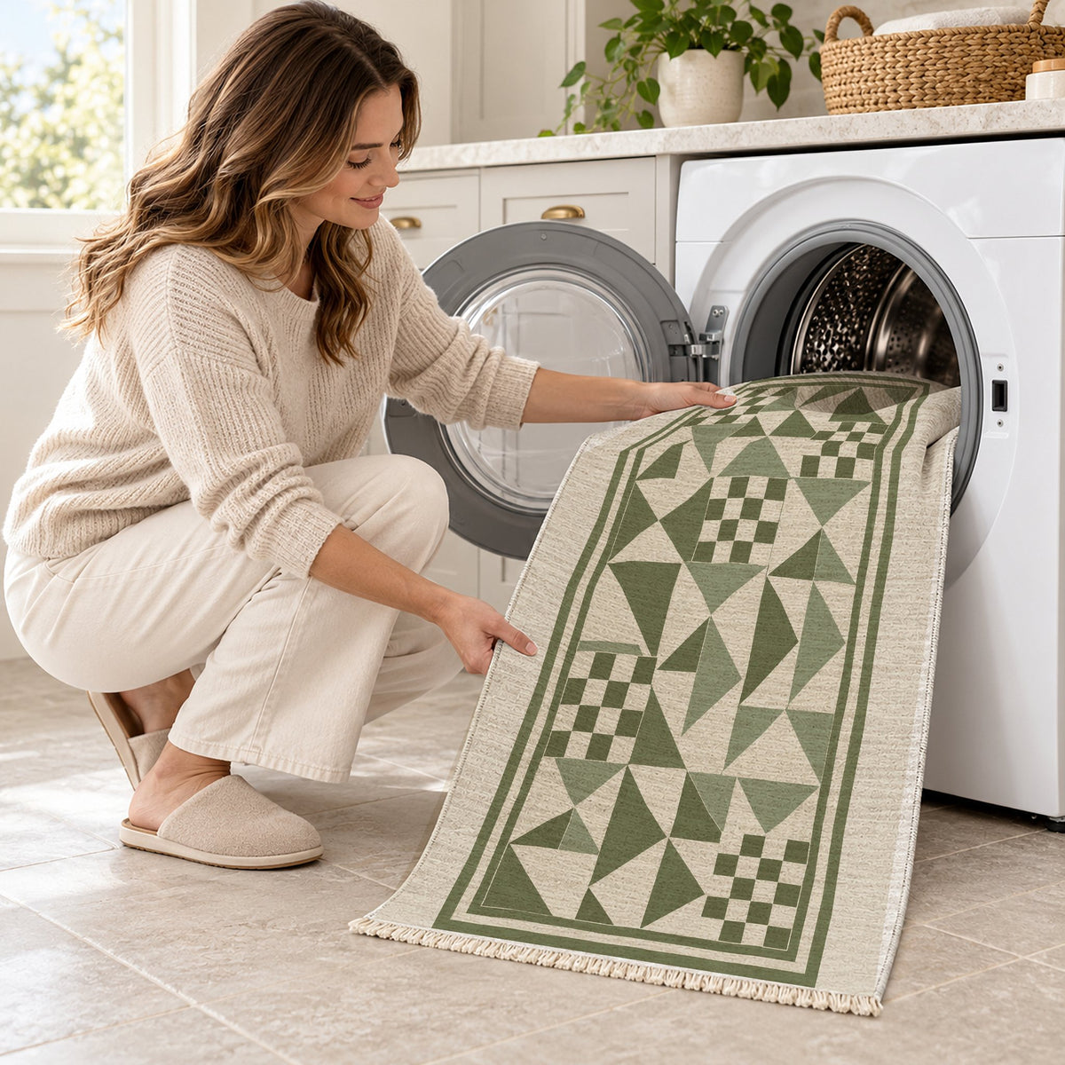 Sunwashed Mosaic Ivory & Olive washable rug being loaded into a washing machine