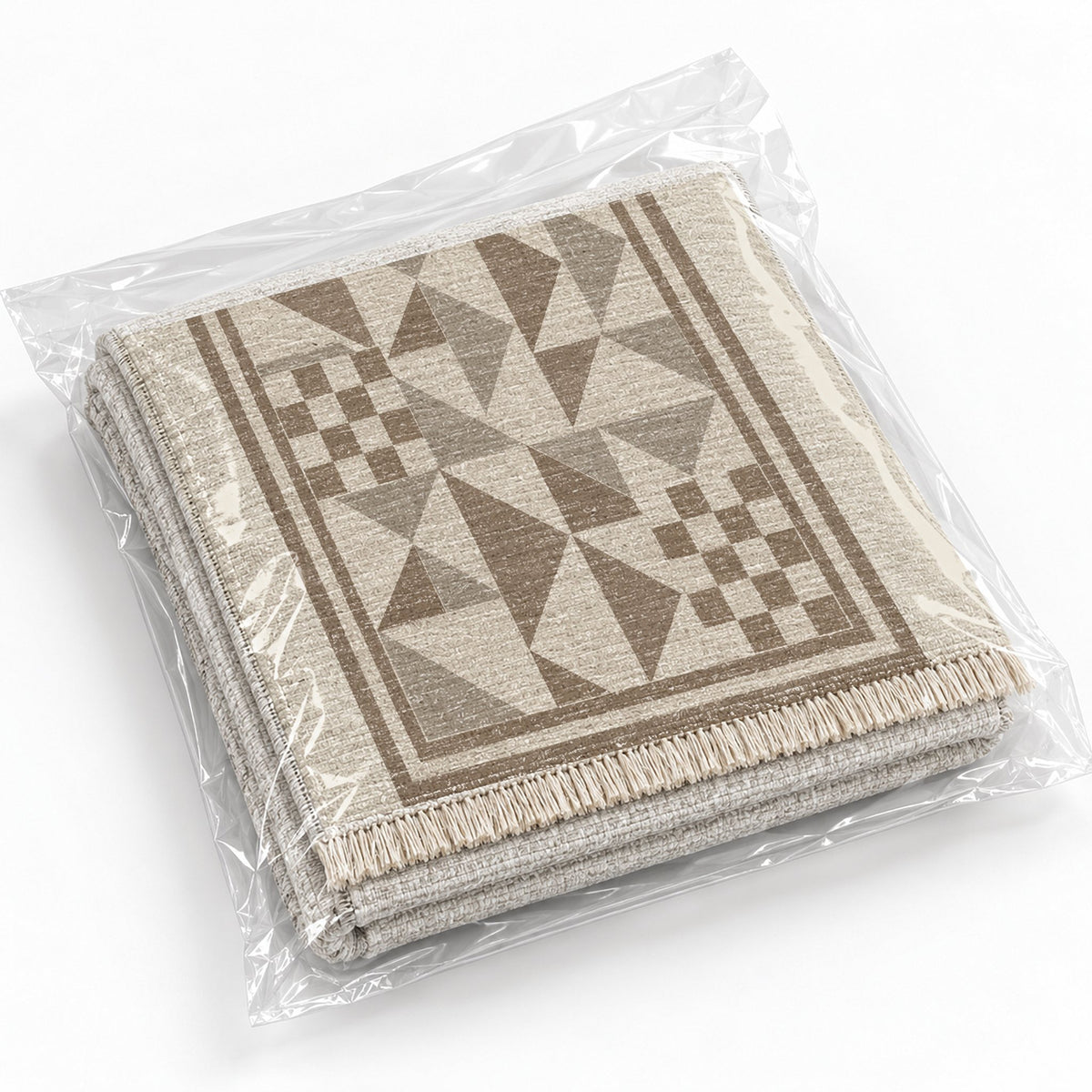 Sunwashed Mosaic Ivory & Taupe washable rug rolled and packaged
