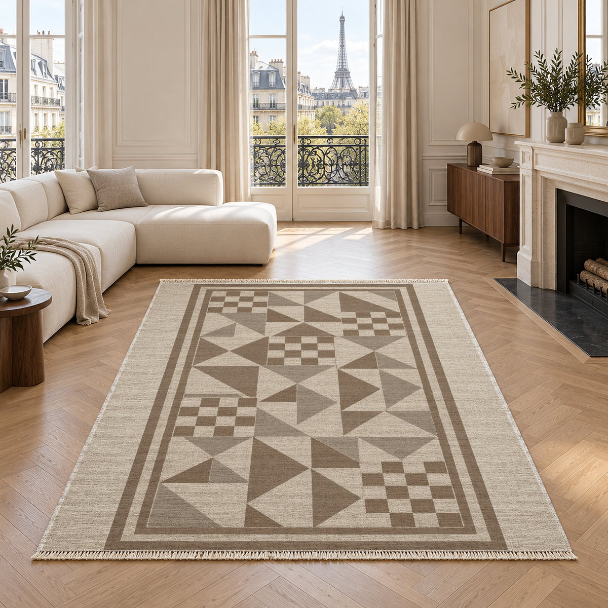 Sunwashed Mosaic Ivory & Taupe washable rug in a living room with an Eiffel Tower view